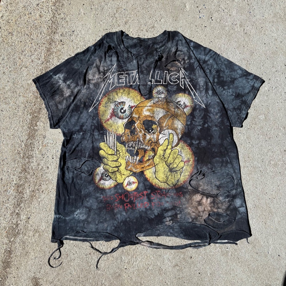 Thrashed Metallica Shortest Straw Tie Dye Distressed Graphic Shirt Black Grey XL